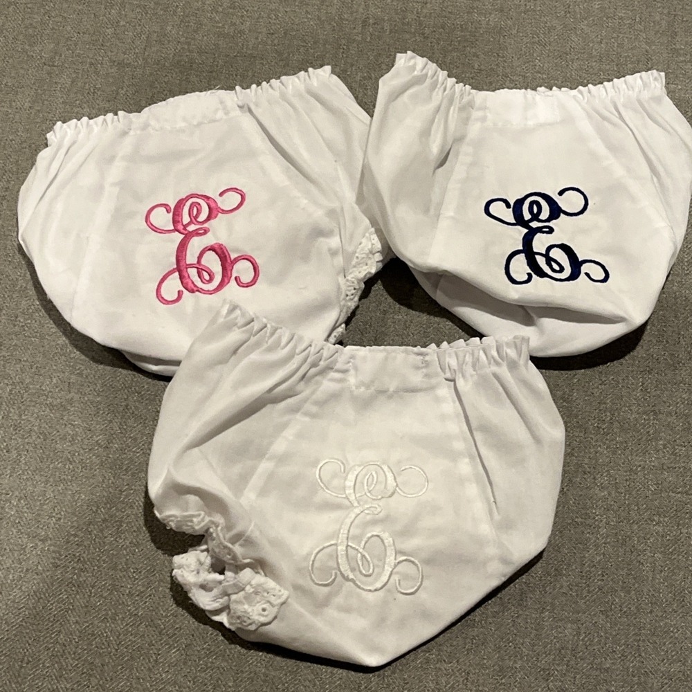 Monogrammed E Baby Bloomers Size 2 White Lace Trim, Set Of 3, New, Pink, Blue